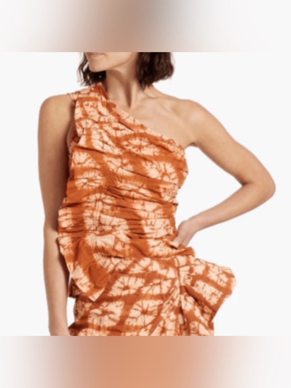 Ulla Johnson Rust and Cream One-Shoulder Tie-Dye Dress